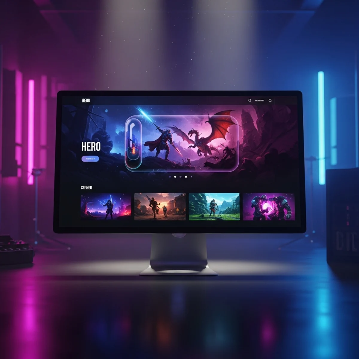 Layout de uma loja de jogo com imagem de destaque, galeria de imagens e botão de ação