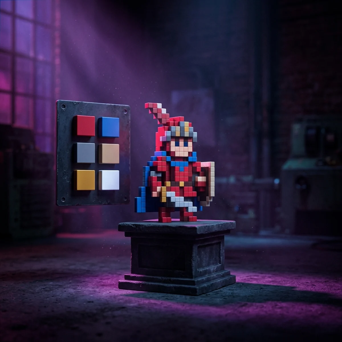 Sprite de personagem em pixel art ao lado de uma paleta de cores limitada exibida em um editor de arte