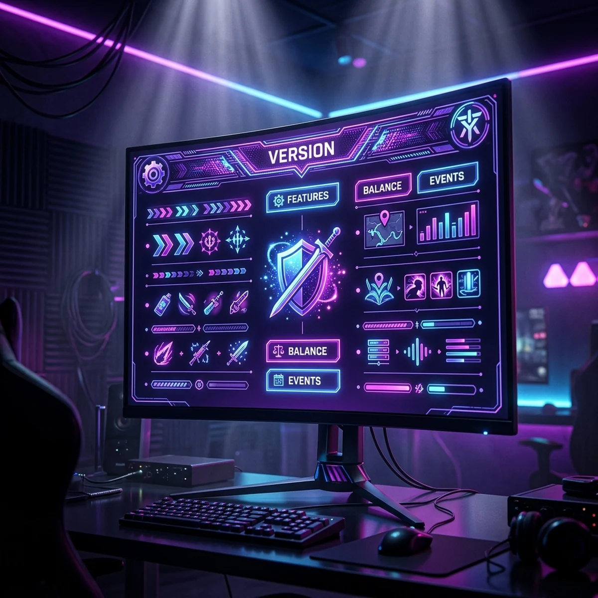 Tela de changelog de atualização de um jogo em um monitor, com número de versão e lista de mudanças