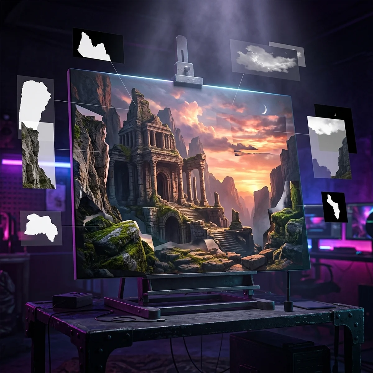 Tela de pintura digital com recortes de fotos de rochas e ruínas se fundindo numa paisagem de fantasia pintada por cima
