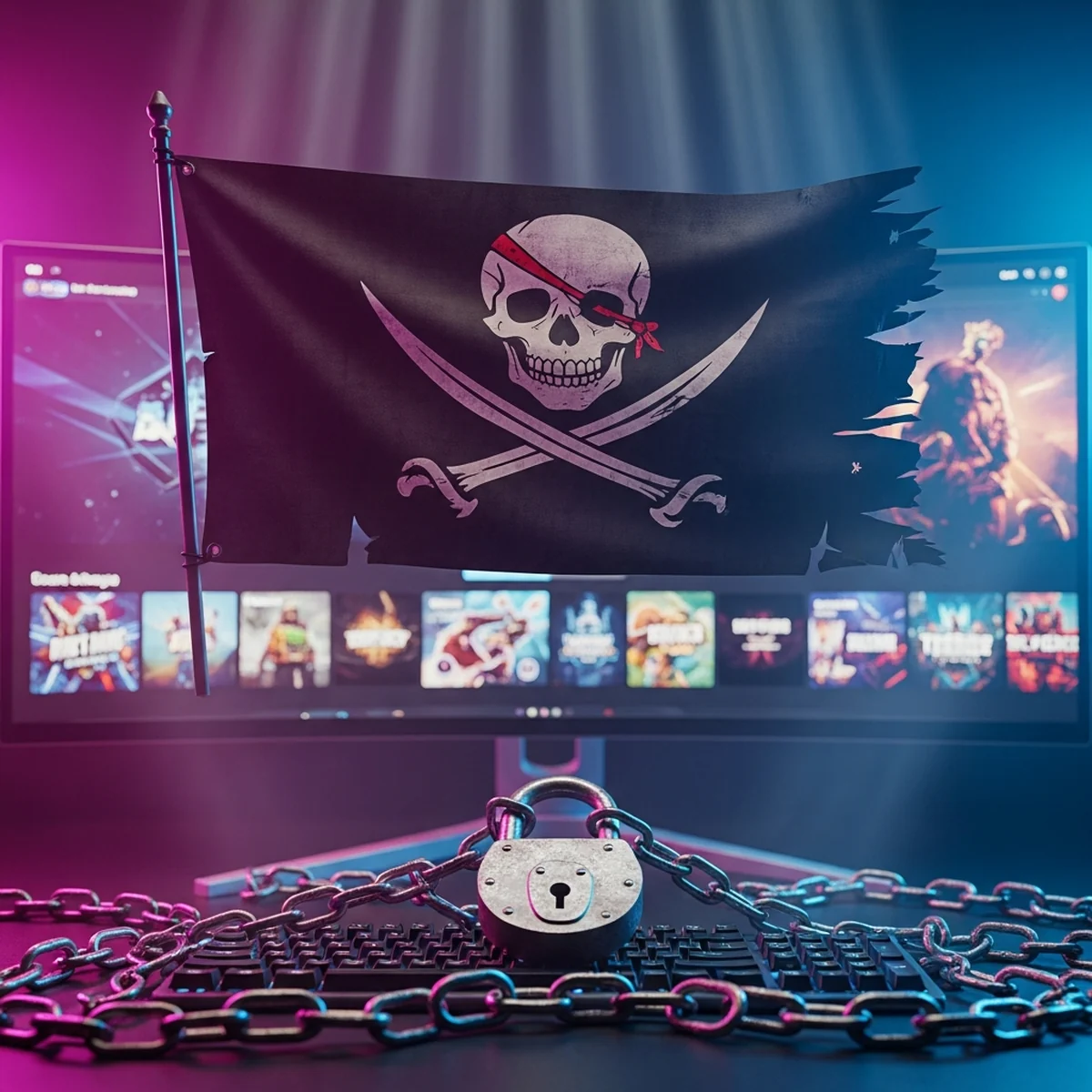 Notebook exibindo um jogo indie ao lado de um cadeado aberto, representando pirataria de jogos e a decisão sobre usar DRM