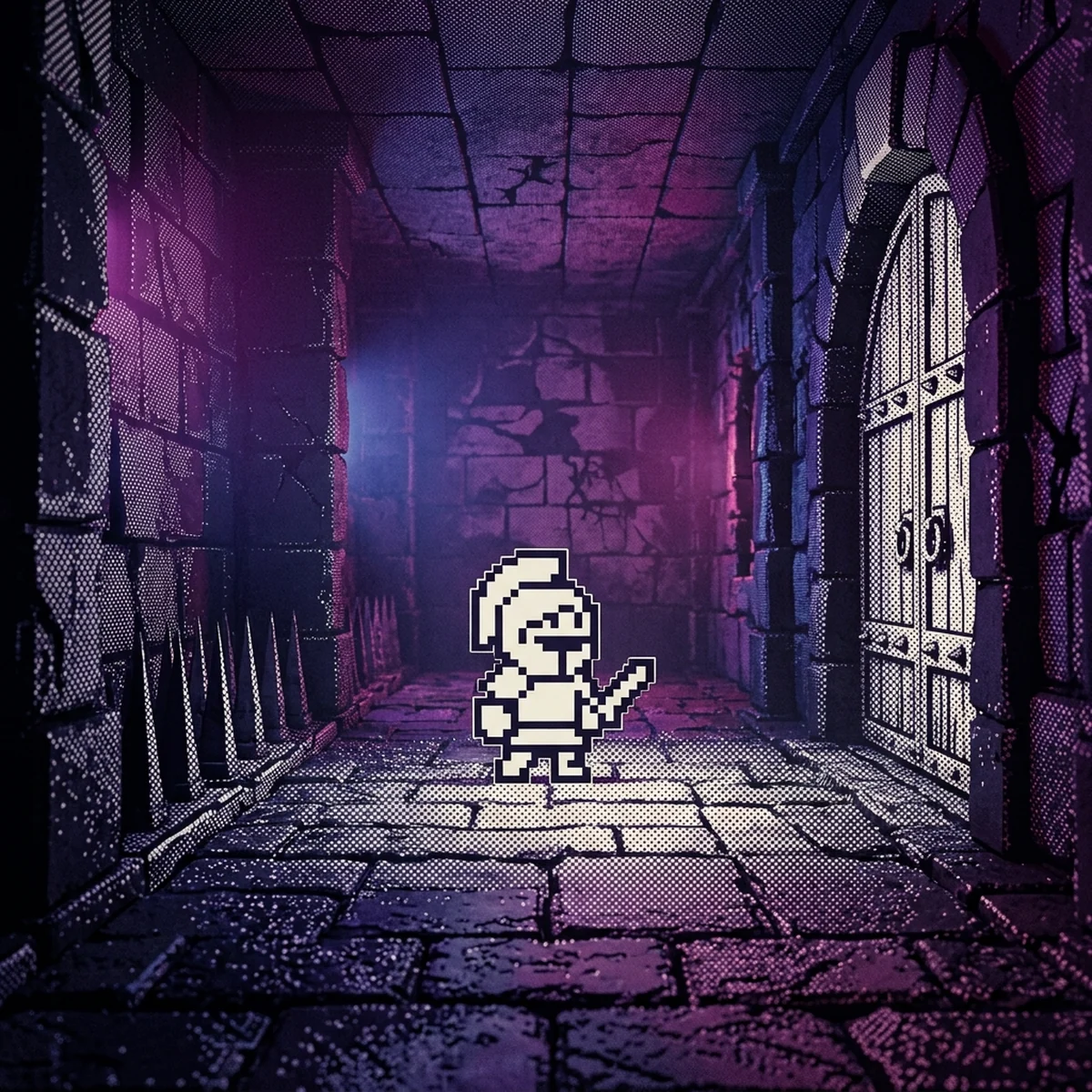 Cena de jogo em pixel art de duas cores, com personagem claro sobre fundo escuro e paredes texturizadas com dithering