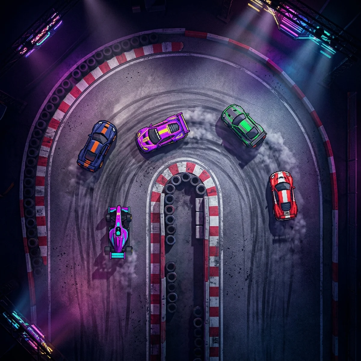 Carros de corrida em pixel art vistos de cima numa pista de asfalto, com sombra deslocada e marcas de pneu na curva