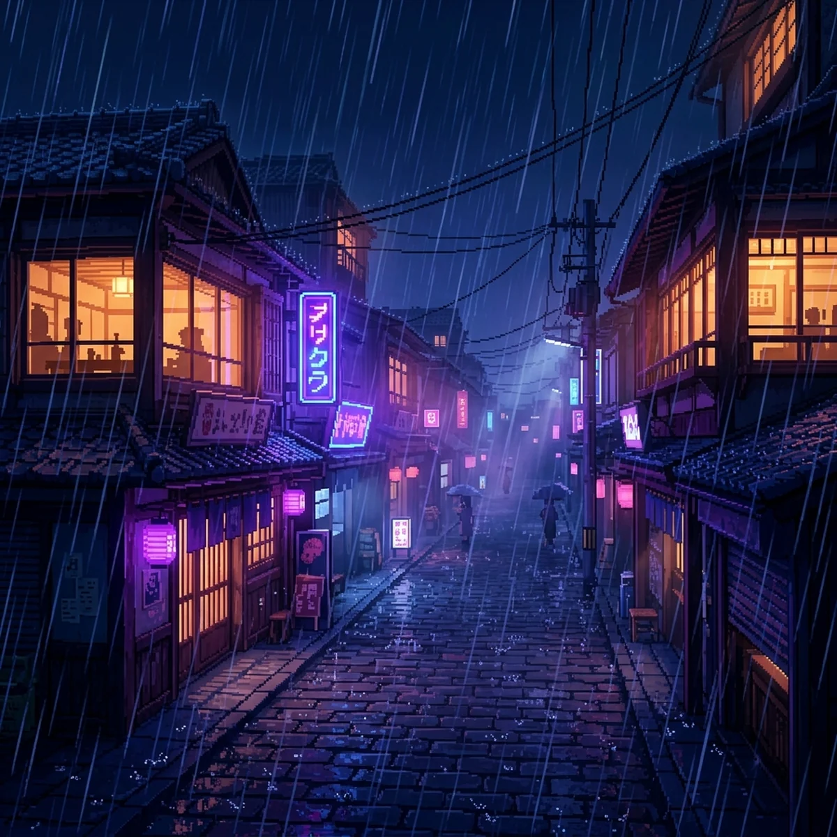 Cenário de pixel art à noite com chuva diagonal em três camadas, respingos no chão de pedra e janelas acesas