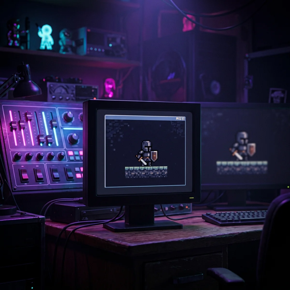Personagem em pixel art nítido numa janela de jogo ao lado da mesma cena borrada, com painel de configurações de projeto ao fundo