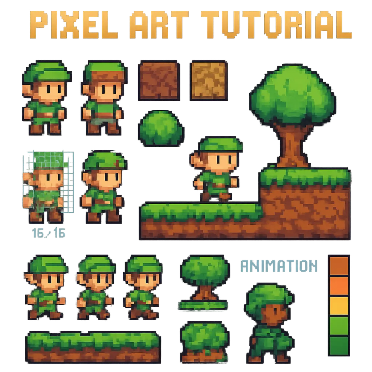 Tutorial de pixel art mostrando processo de criação de personagem de jogo