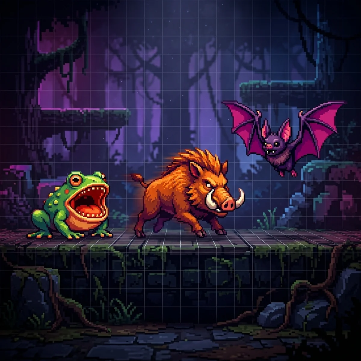 Três inimigos em pixel art 32x32: uma criatura atiradora, um javali de investida e um morcego voador sobre um cenário de floresta