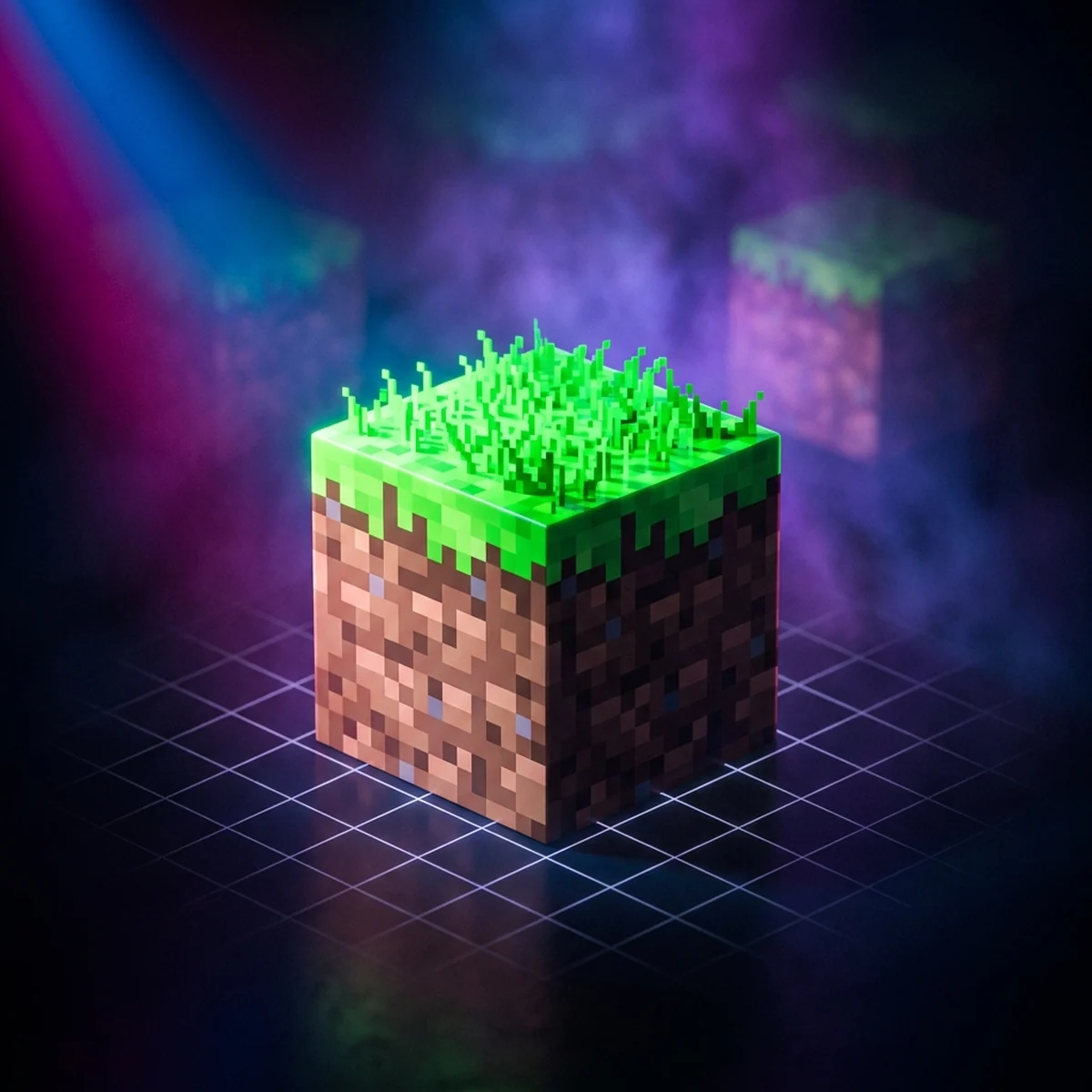 Bloco isométrico de grama em pixel art com topo verde claro, face esquerda de terra clara e face direita de terra escura sobre um grid
