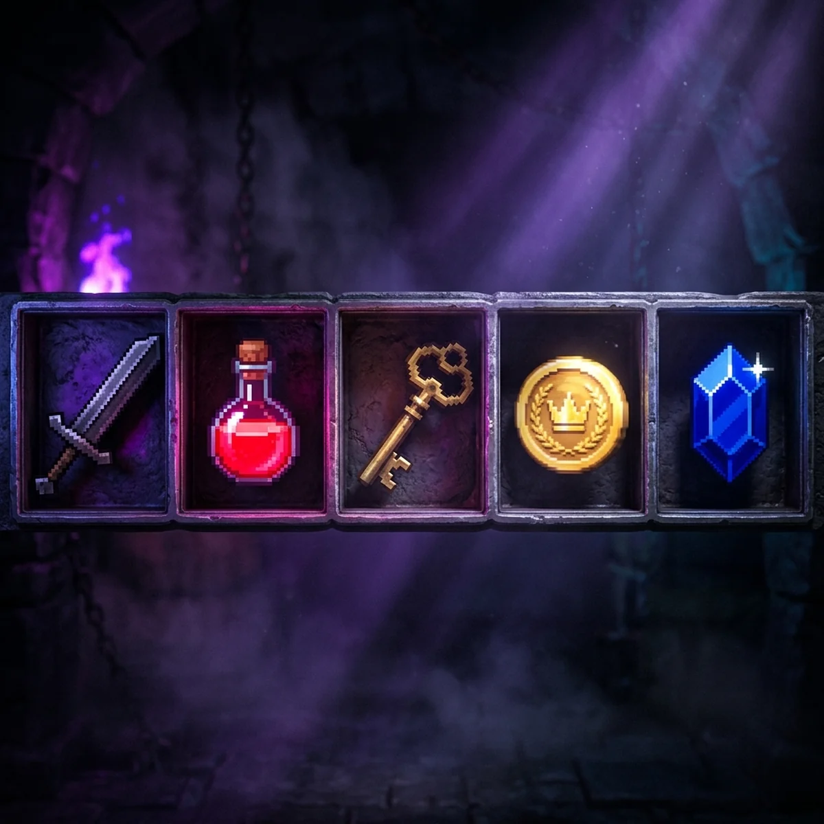 Espada em diagonal, poção vermelha, chave dourada, moeda e cristal azul em pixel art dispostos em slots de inventário