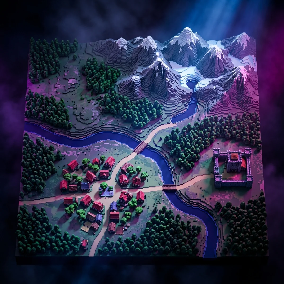 Mapa de mundo em pixel art com florestas, montanhas, um rio, uma pequena cidade e um castelo ligados por um caminho de terra