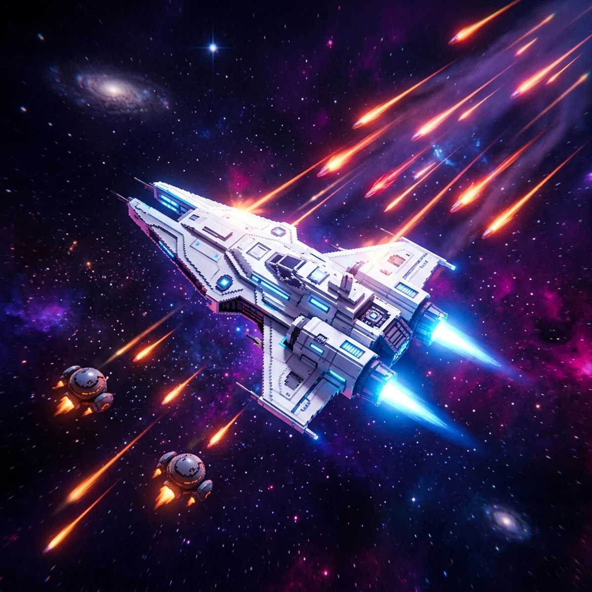 Nave espacial em pixel art vista de cima, com propulsor azul aceso, desviando de tiros laranja sobre um fundo escuro de estrelas