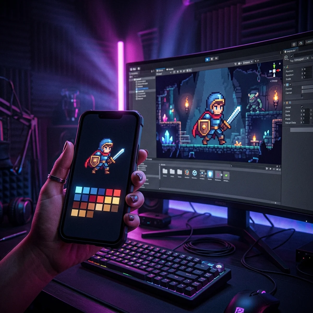 Celular na mão mostrando um pequeno sprite de pixel art com paleta de cores, ao lado de um monitor com uma engine de jogo aberta