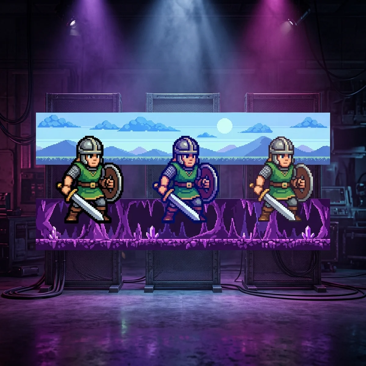 O mesmo sprite de guerreiro em pixel art repetido três vezes, com contorno preto, contorno colorido e sem contorno, sobre fundos claro e escuro
