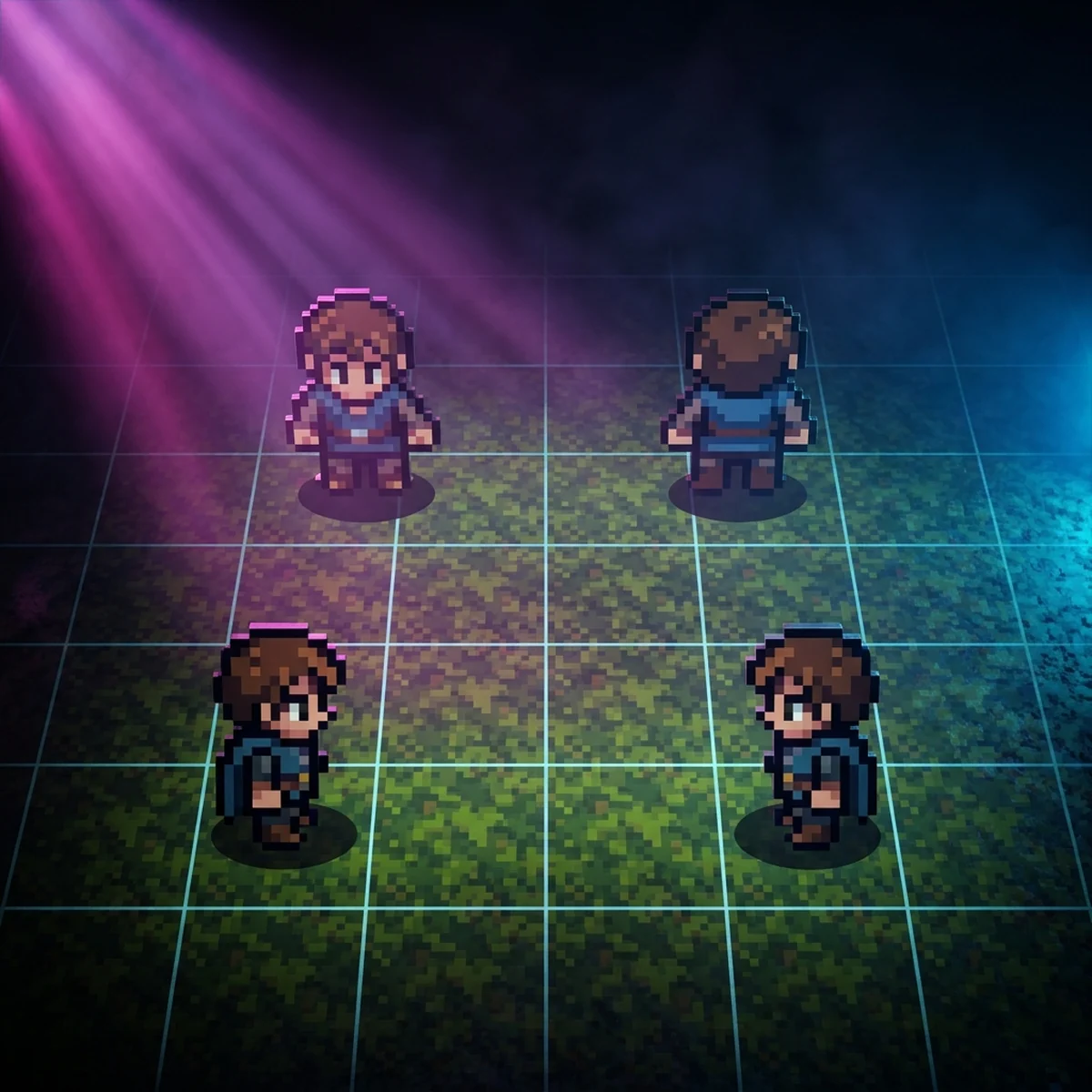 Personagem de RPG em pixel art visto de cima em quatro direções, frente, costas, esquerda e direita, sobre piso de grama