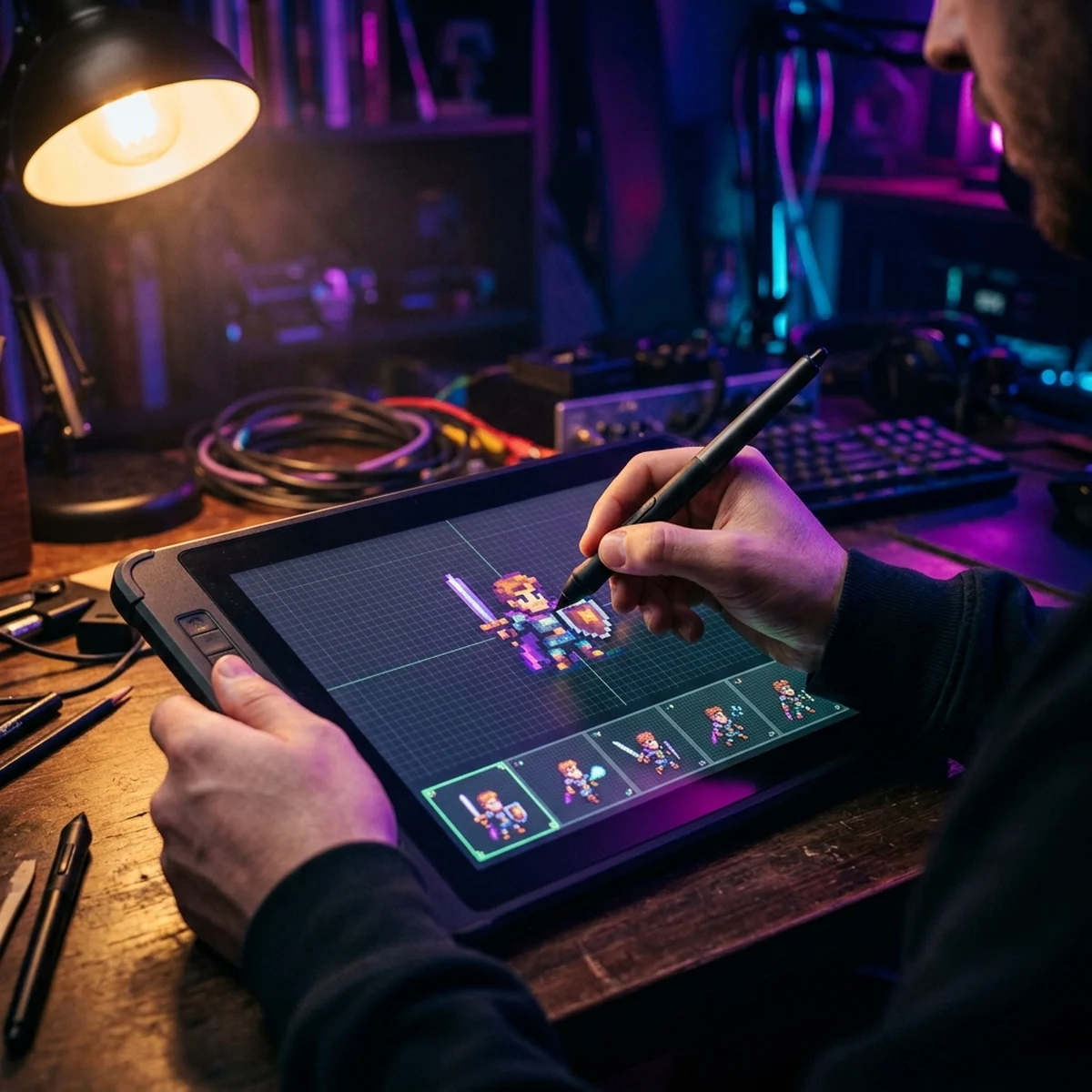 Tablet com caneta desenhando um pequeno personagem de pixel art sobre uma grade quadriculada