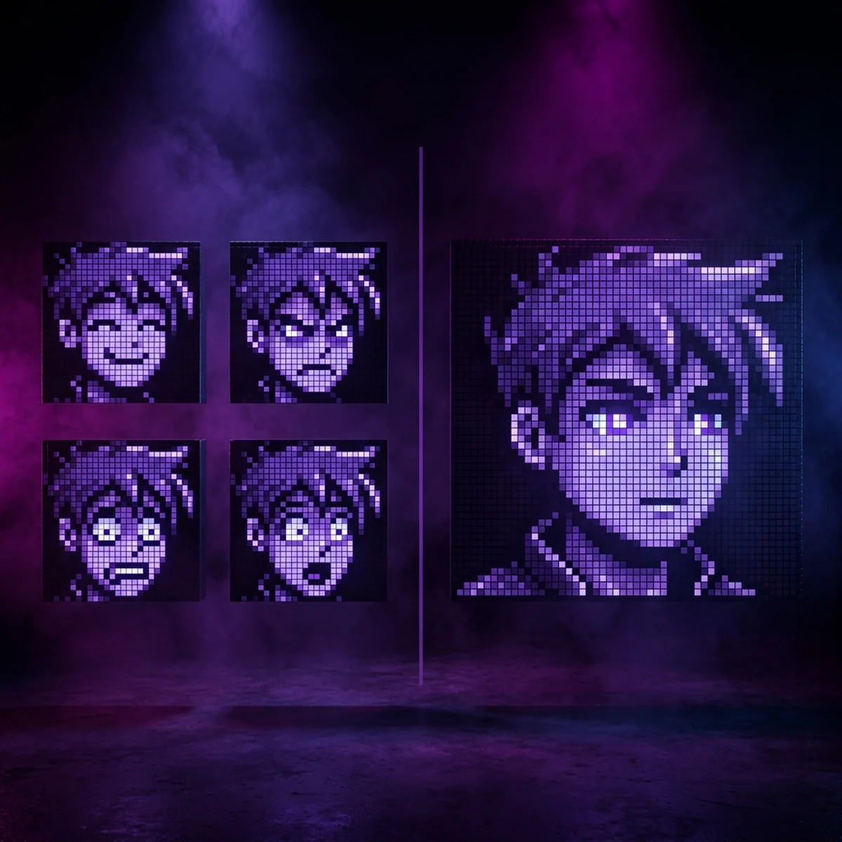 Grade com o mesmo rosto em pixel art repetido em quatro expressões: alegria, raiva, medo e surpresa