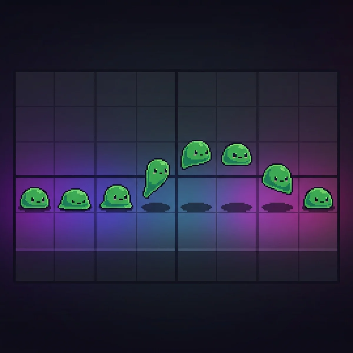 Sequência de frames de um slime verde em pixel art amassando, esticando e pulando sobre uma grade