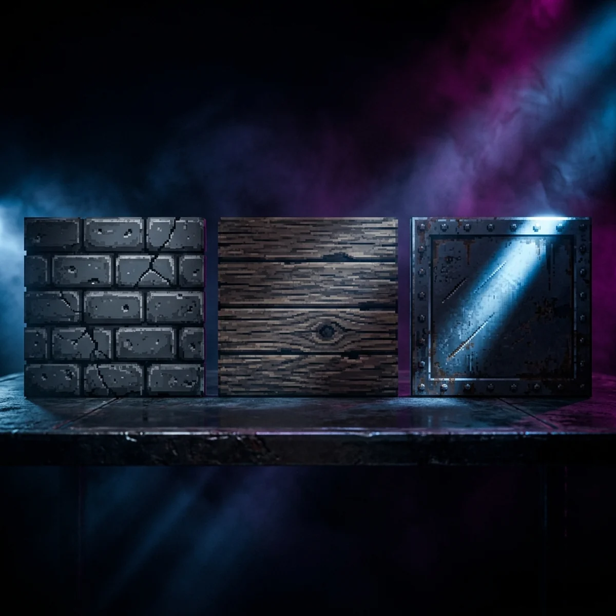 Três tiles de pixel art lado a lado, um de blocos de pedra, um de tábuas de madeira com veios e um de placa de metal com reflexo