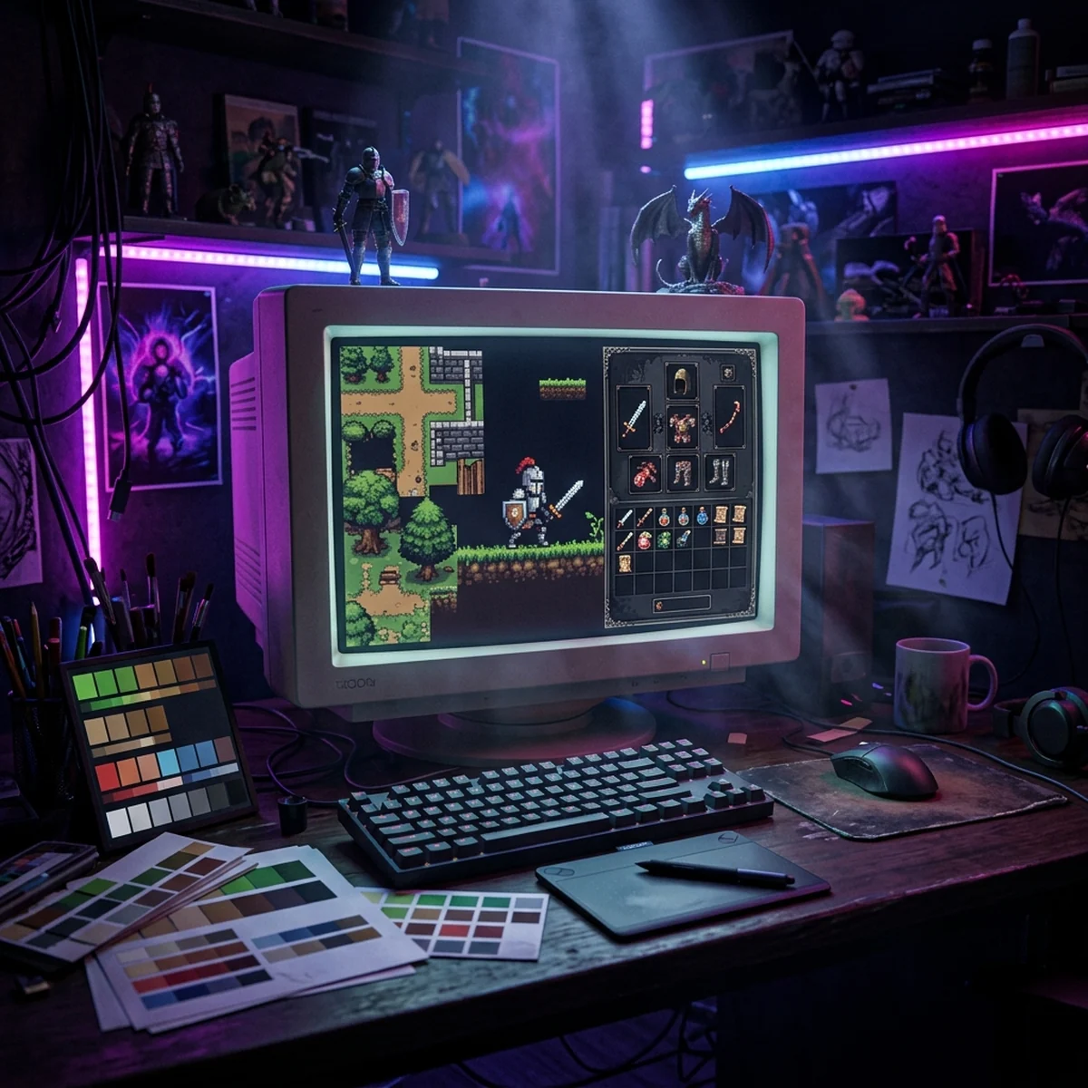 Mesa de trabalho com tela mostrando um asset pack de pixel art, um personagem animado e uma interface de jogo