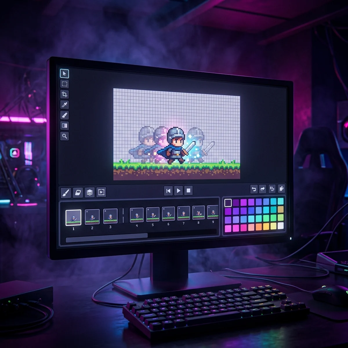 Editor de pixel art com um pequeno personagem animado no canvas e uma timeline de quadros embaixo