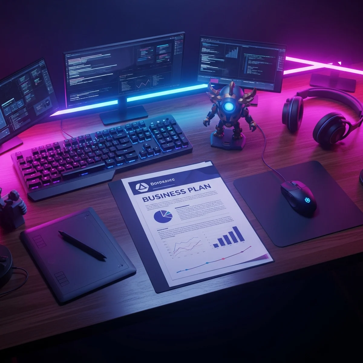 Mesa de trabalho de um estúdio indie com planilha de custos, calendário de milestones e protótipo de jogo na tela