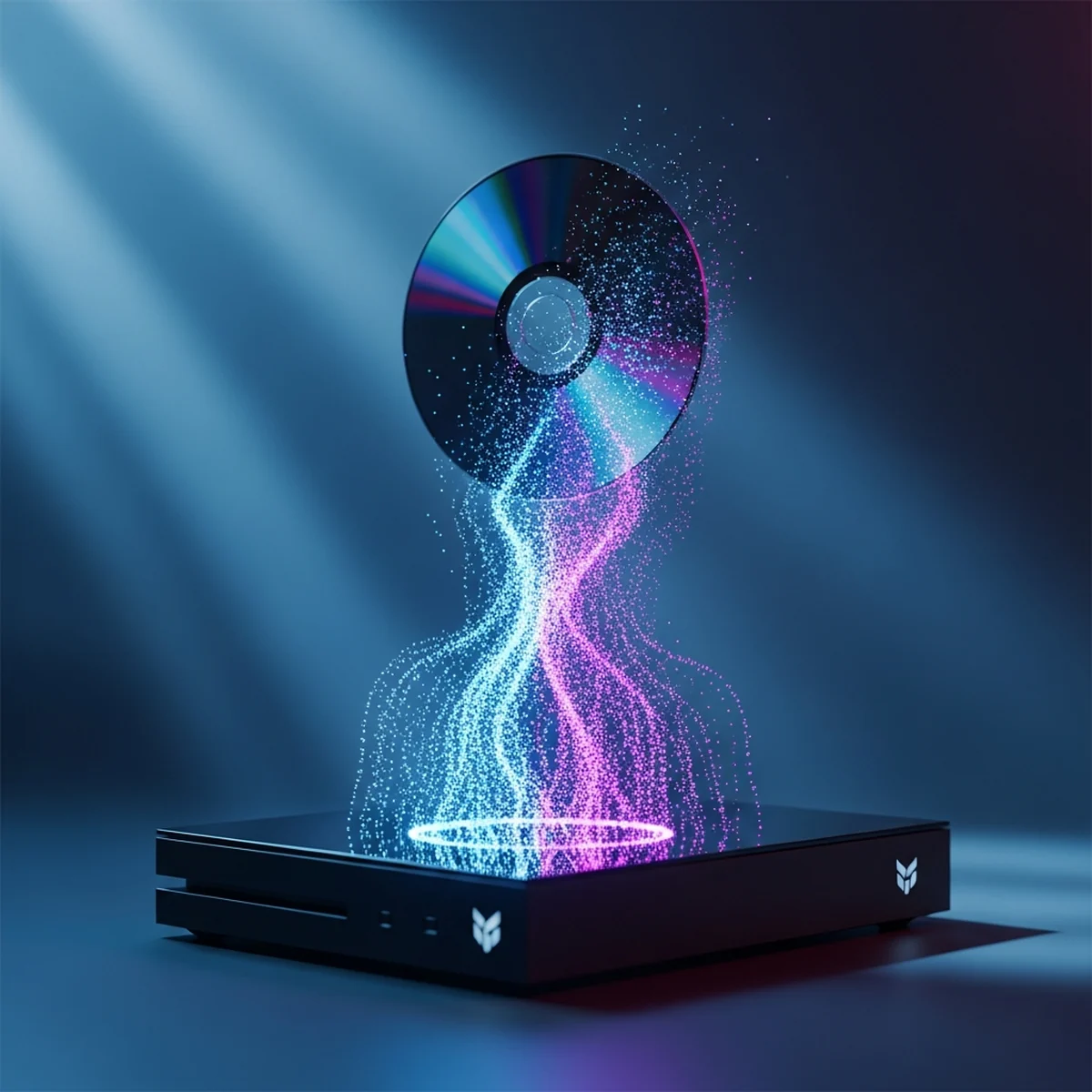 Console PlayStation ao lado de uma pilha de discos de jogos com uma loja digital aberta na tela ao fundo