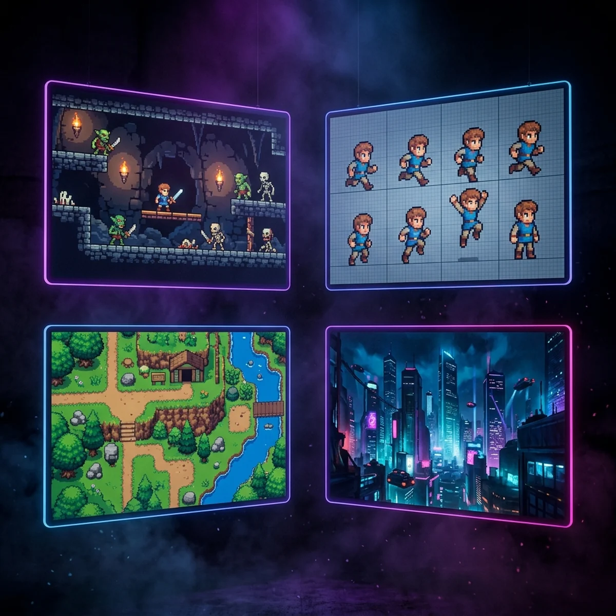 Grade de portfólio com mockup de tela de jogo em pixel art, folha de animação de personagem e tileset organizado