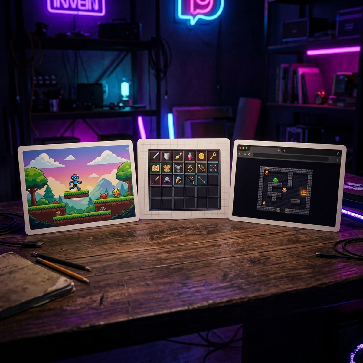 Três cartões de projeto de jogo lado a lado sobre uma mesa, um com plataforma 2D, um com diagrama de inventário e um com janela de navegador rodando o jogo