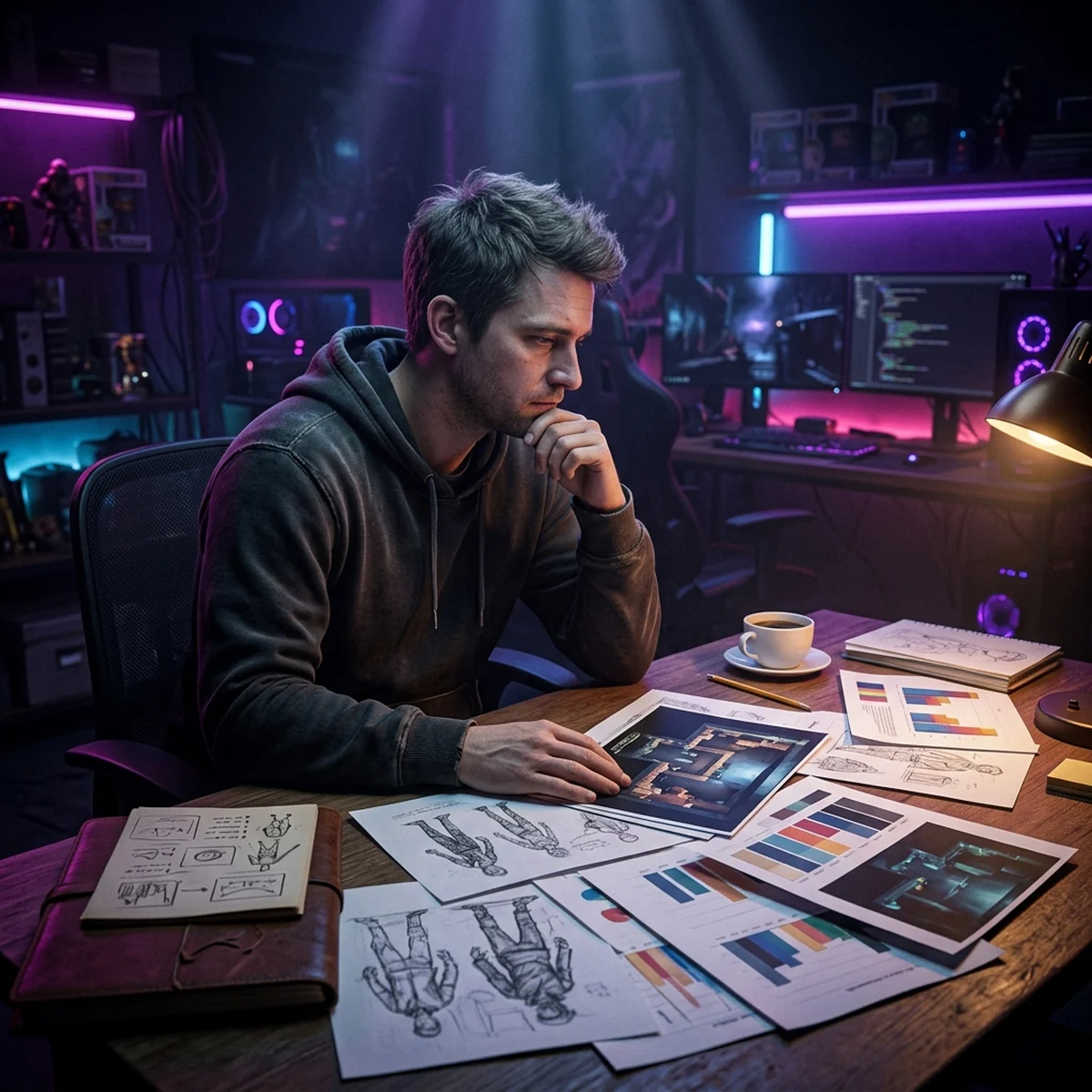 Desenvolvedor indie revisando anotações e gráficos coloridos na parede de um escritório caseiro à noite