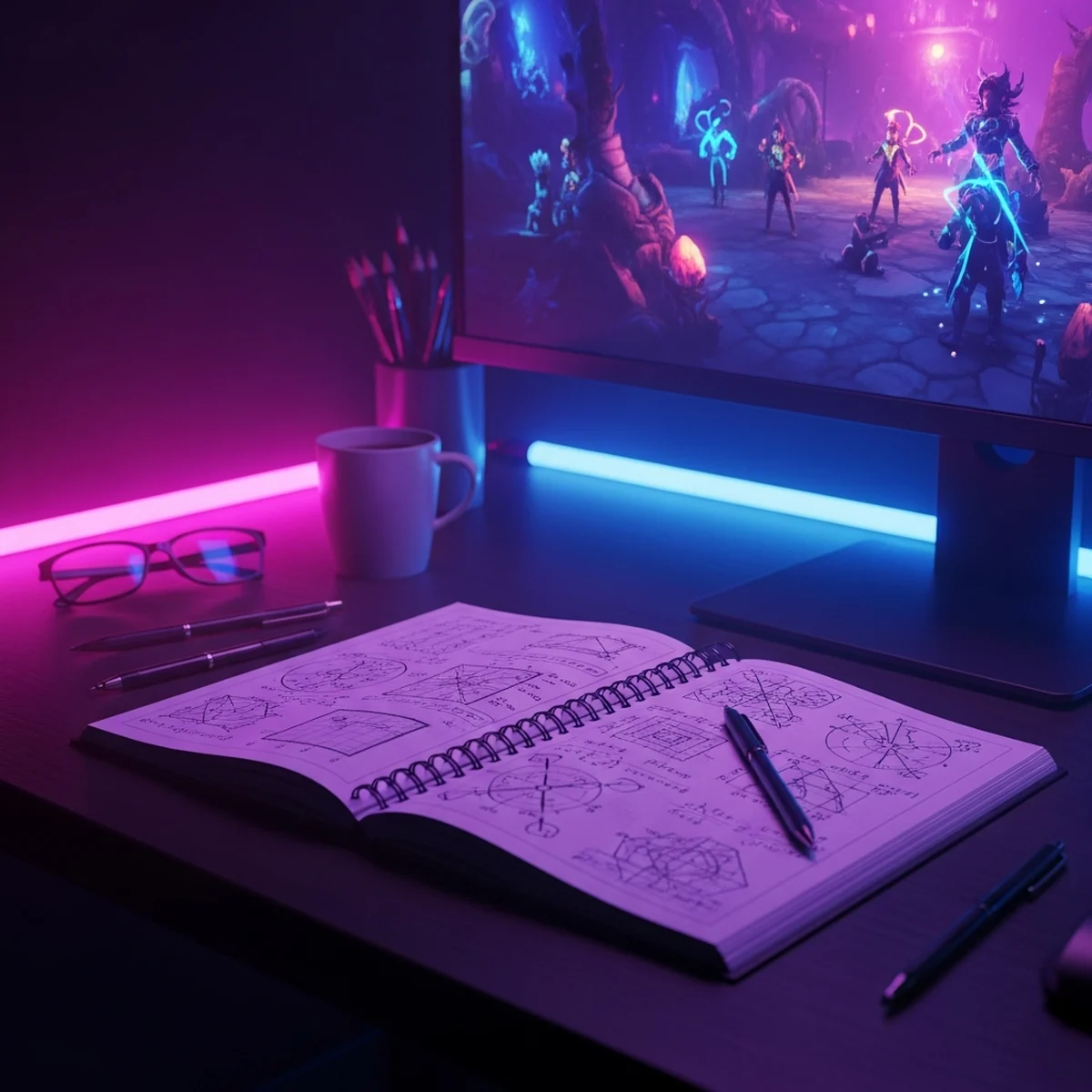Mesa de iniciante com notebook mostrando coordenadas de um jogo 2D ao lado de um caderno com anotações simples de matemática
