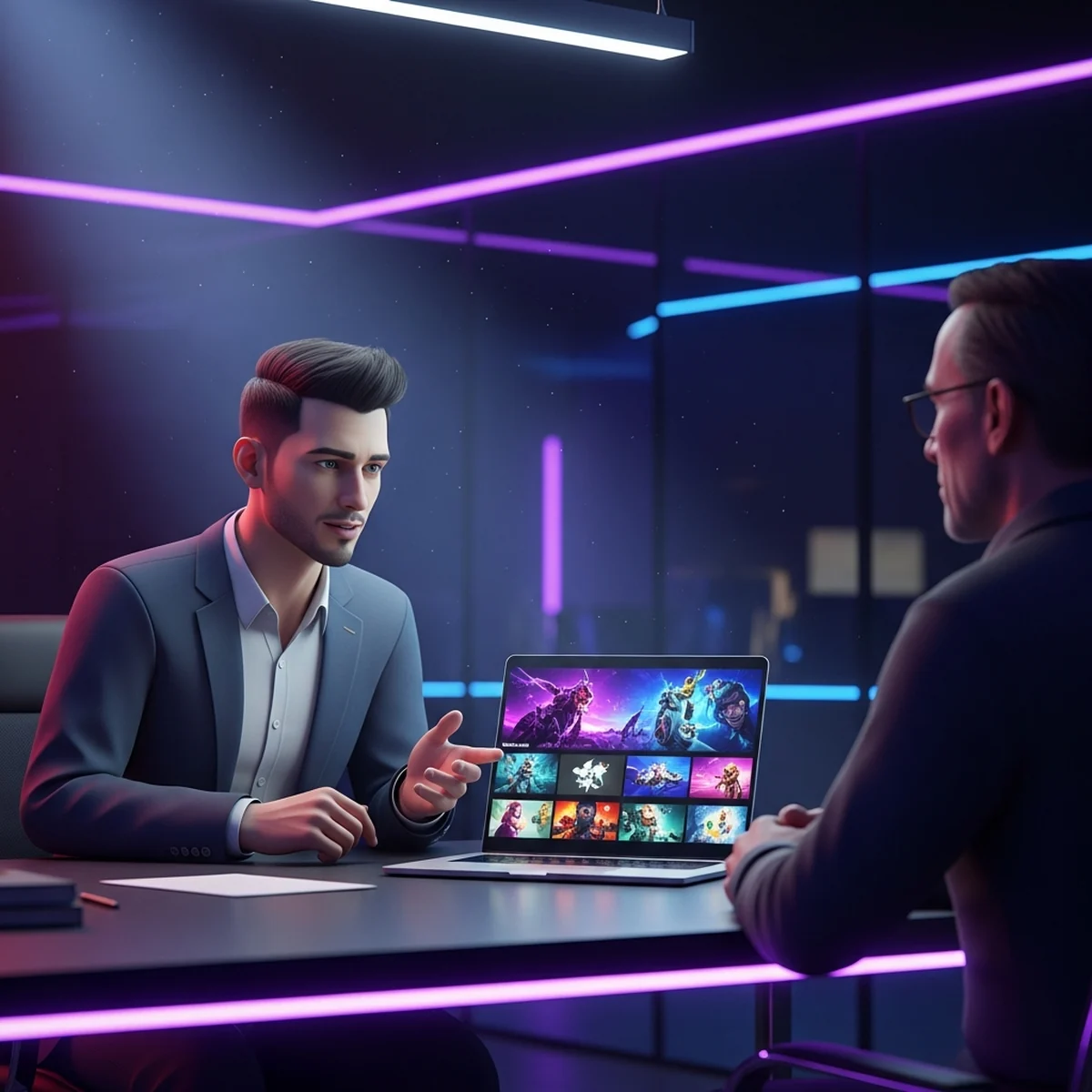 Pessoa jovem em entrevista sentada à mesa com um portfólio de jogos aberto na tela do computador