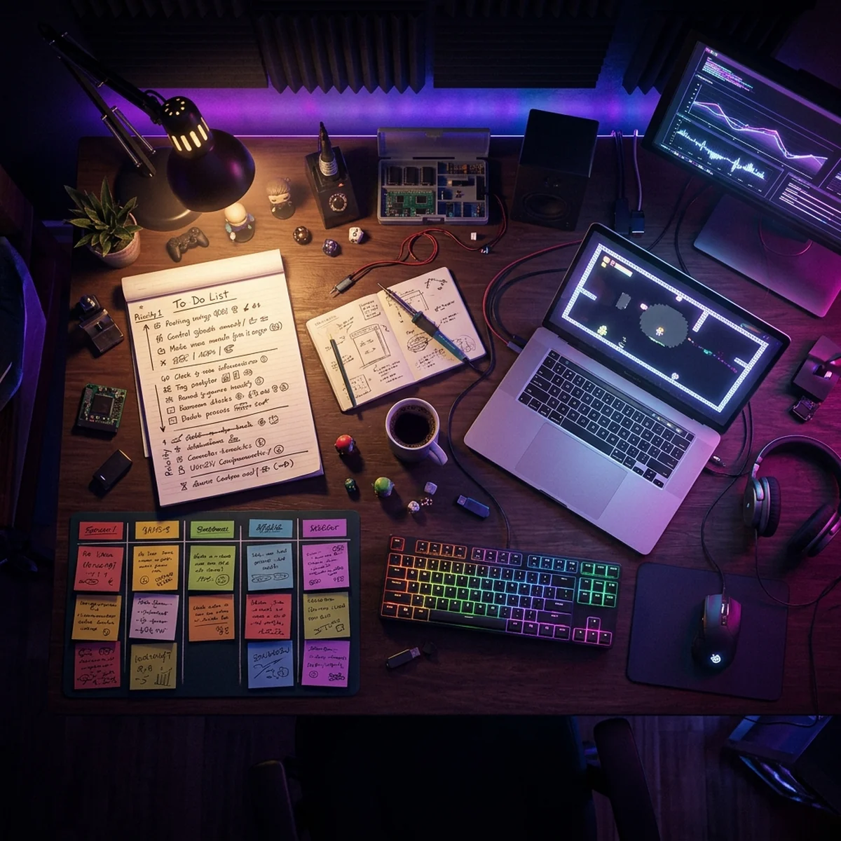Lista de tarefas de um jogo indie ordenada por prioridade sobre a mesa de um desenvolvedor, sem texto legível