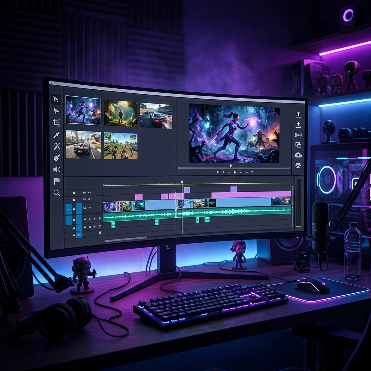 Timeline de edição de vídeo numa tela de computador com clipes de gameplay e painéis de ajuste