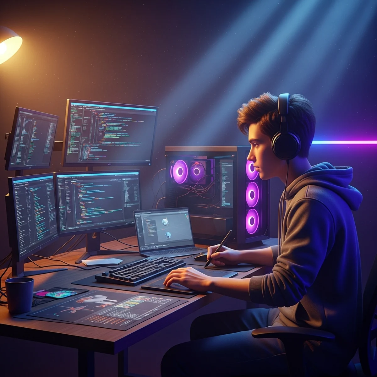 Iniciante estudando programação de jogos no computador