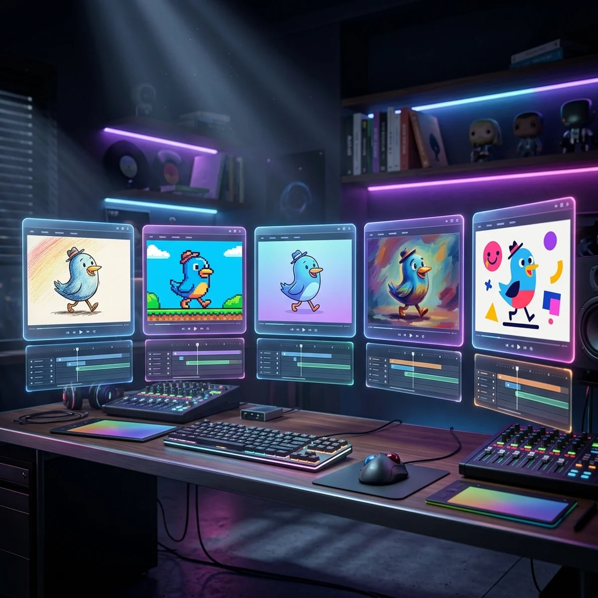Cinco janelas de programas de animação lado a lado, cada uma com o mesmo personagem 2D em um estilo de traço diferente