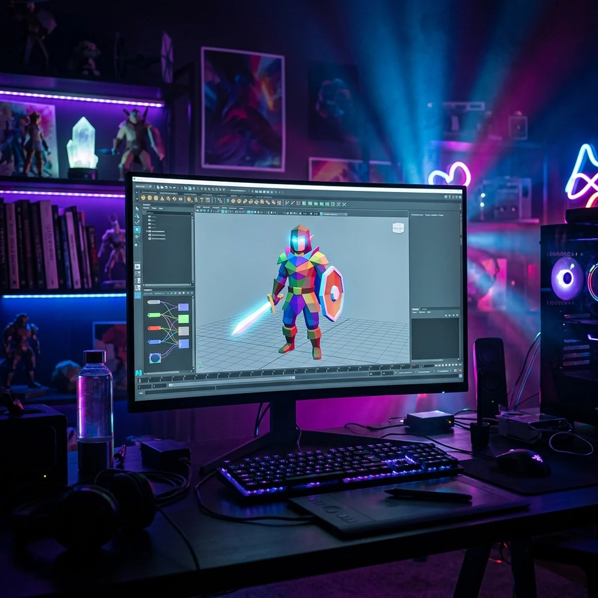 Mesa de trabalho de artista 3D com viewport de modelagem, modelos de personagem e objetos low poly em tela