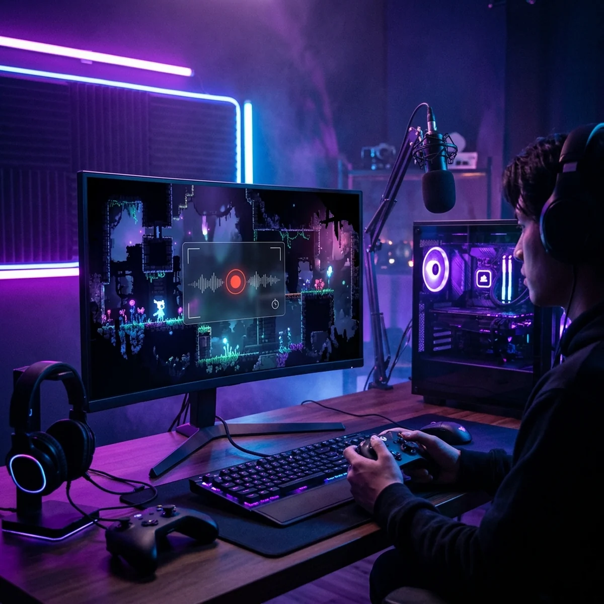 Tela de computador com um jogo rodando e o indicador de gravação ativo no canto
