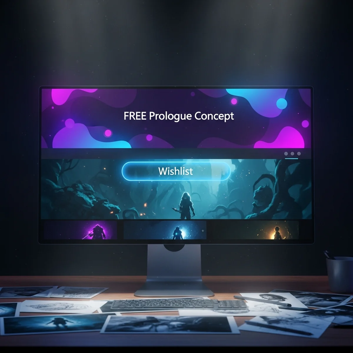 Página de loja de um jogo indie gratuito na Steam exibida em um monitor sobre mesa de planejamento de marketing