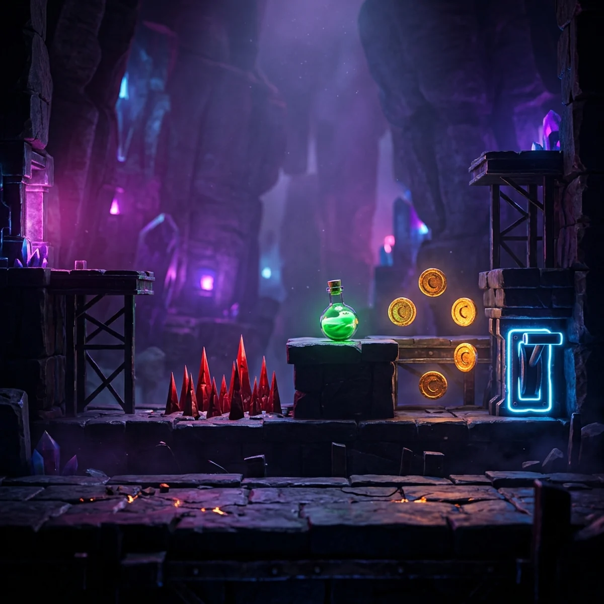 Tela de jogo 2D com itens de cura verdes, perigo vermelho e moedas douradas, cada um com ícone próprio