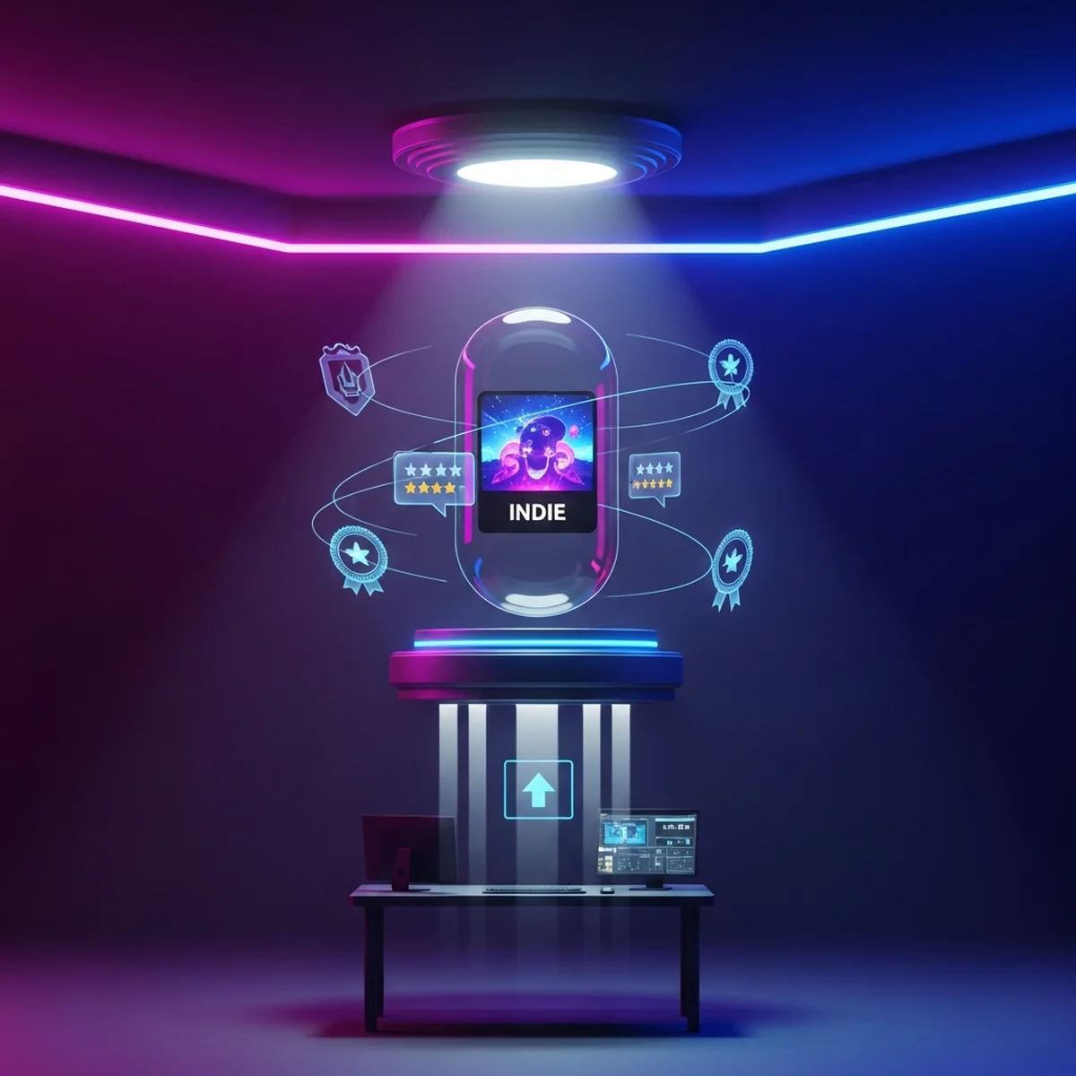 Vitrine digital de loja de jogos exibindo um jogo indie em destaque pronto para lançamento