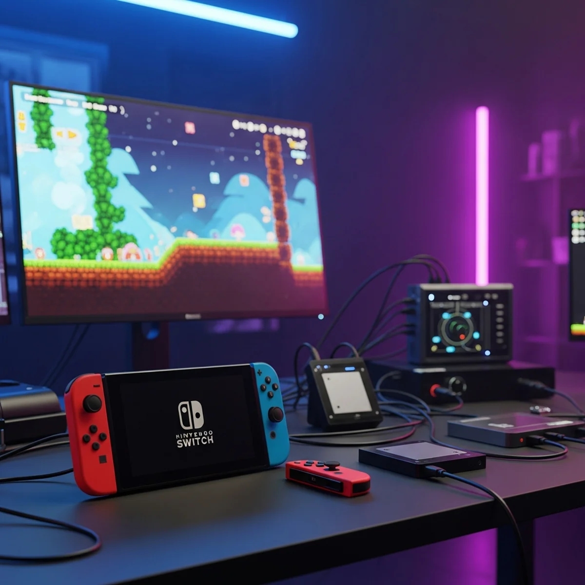 Console Nintendo Switch sobre mesa de desenvolvedor com equipamentos de estúdio ao fundo