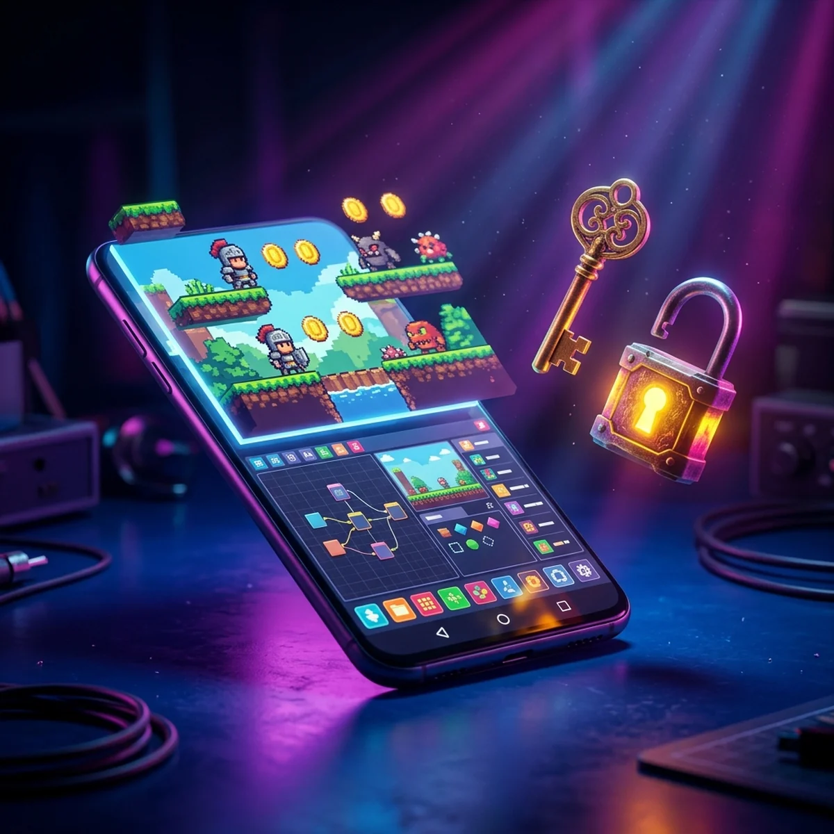 Celular Android com um jogo aberto saindo de uma janela de editor de jogos, com um cadeado e uma chave flutuando ao lado
