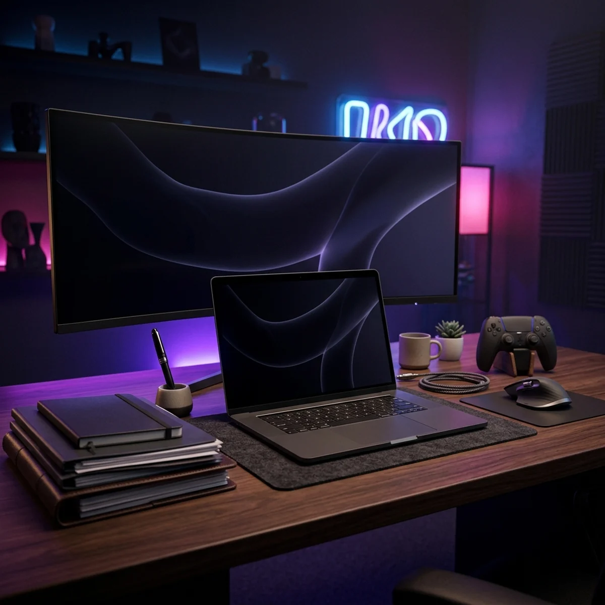 Dev indie com notebook e papelada de abertura de empresa sobre a mesa