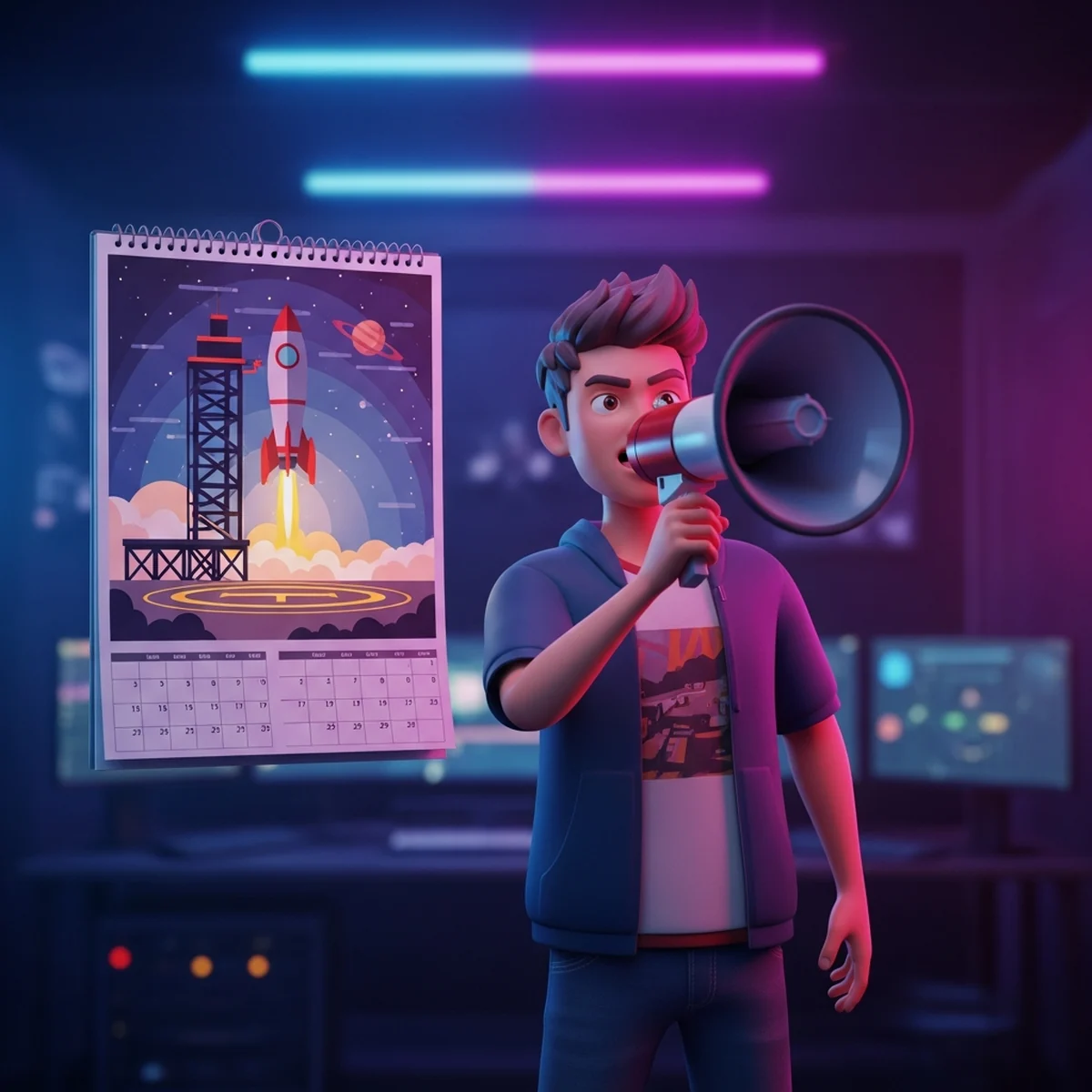 Calendário de marketing sobre uma mesa de trabalho com um monitor ao fundo exibindo a página Steam de um jogo indie prestes a ser anunciado