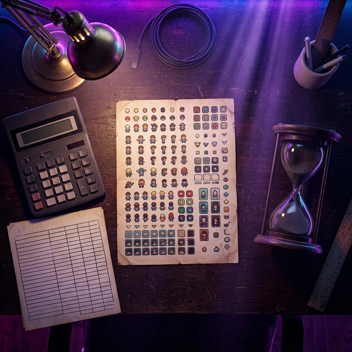 Calculadora ao lado de uma sprite sheet de pixel art e uma planilha de orçamento com horas por item