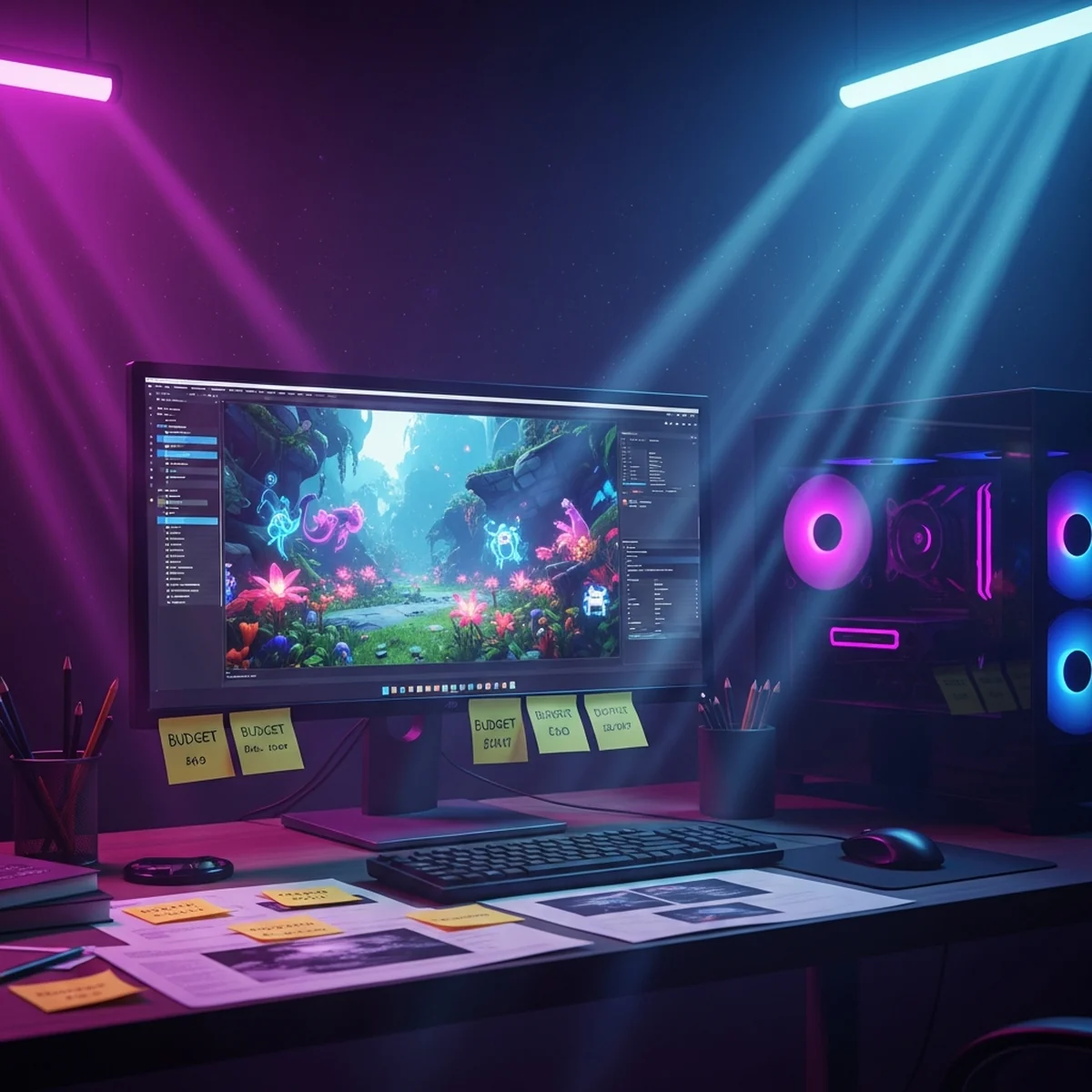Mesa de desenvolvimento com computador, anotações de orçamento e protótipo de jogo em tela
