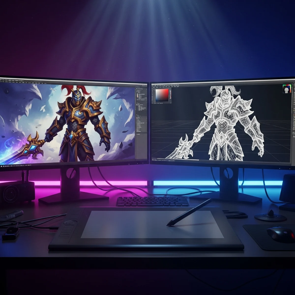 Artista de jogos em uma mesa de estúdio com mesa digitalizadora, esculpindo um personagem 3D em uma tela e com estudos de concept art colados na parede