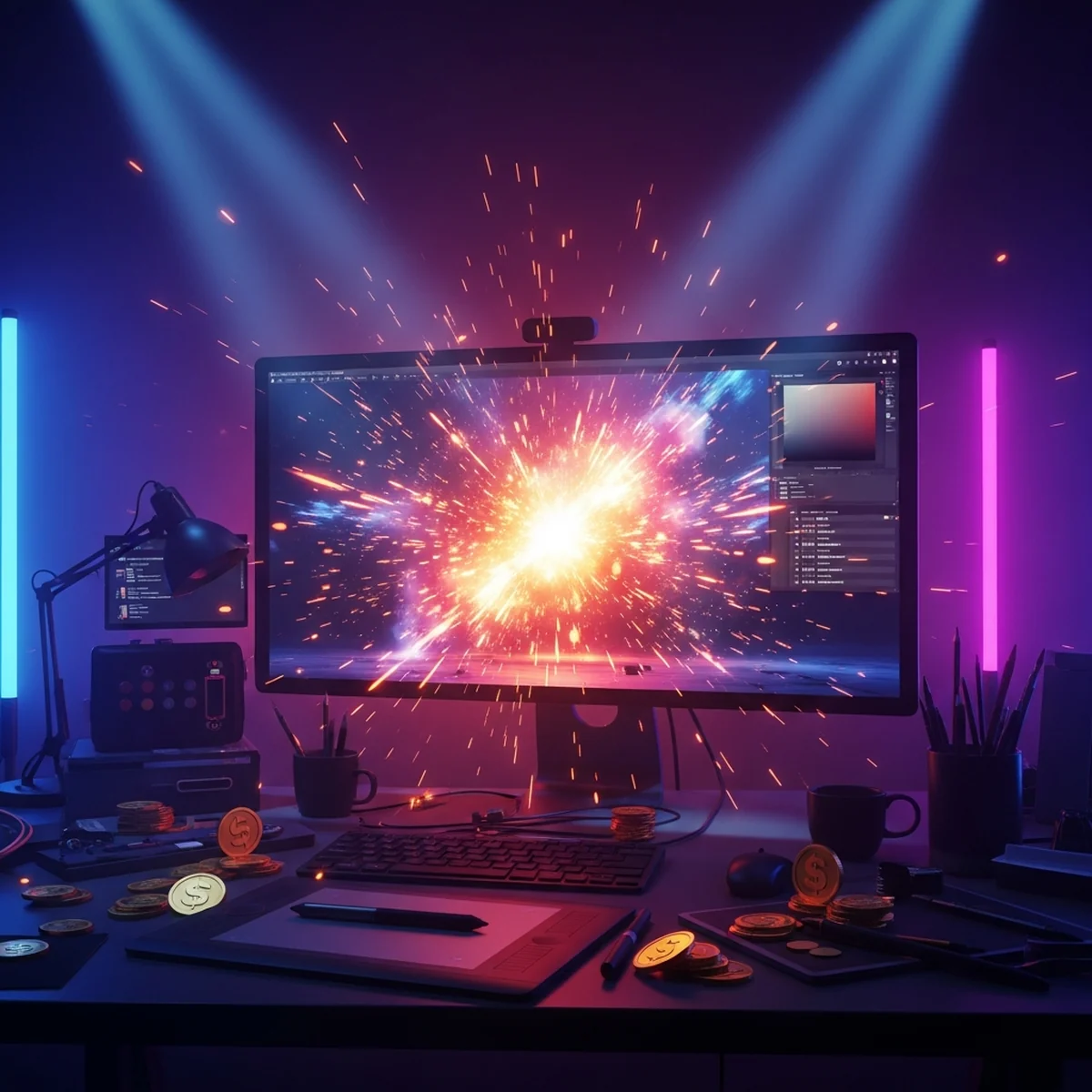 Artista de VFX ajustando parâmetros de um sistema de partículas com uma explosão colorida na tela em um estúdio de jogos