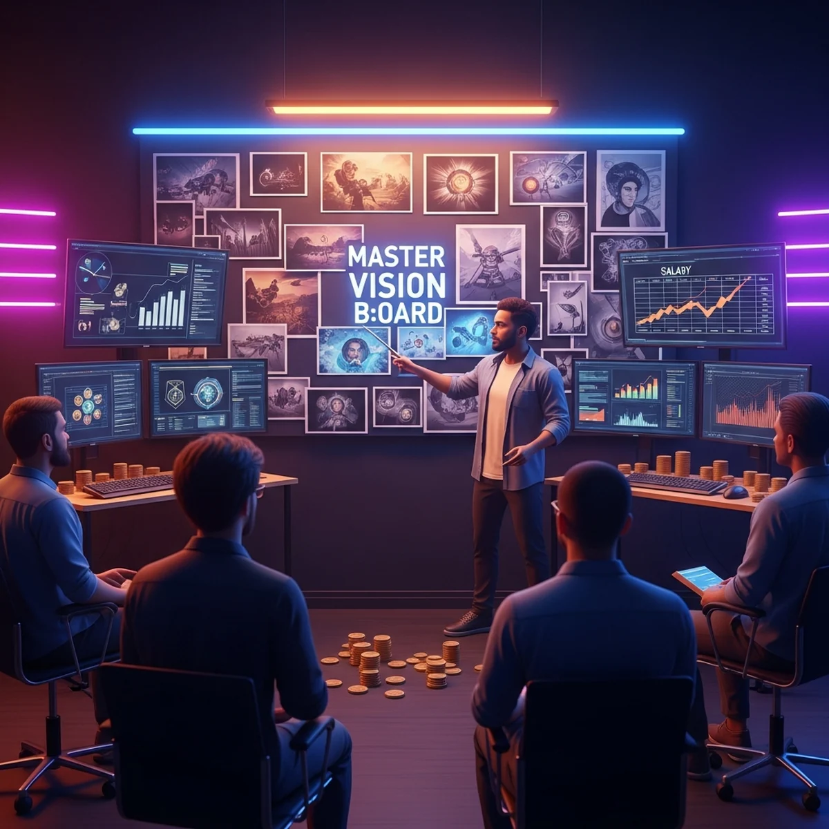 Diretor de jogos em uma sala de reunião apresentando a visão criativa de um projeto para a equipe de desenvolvimento