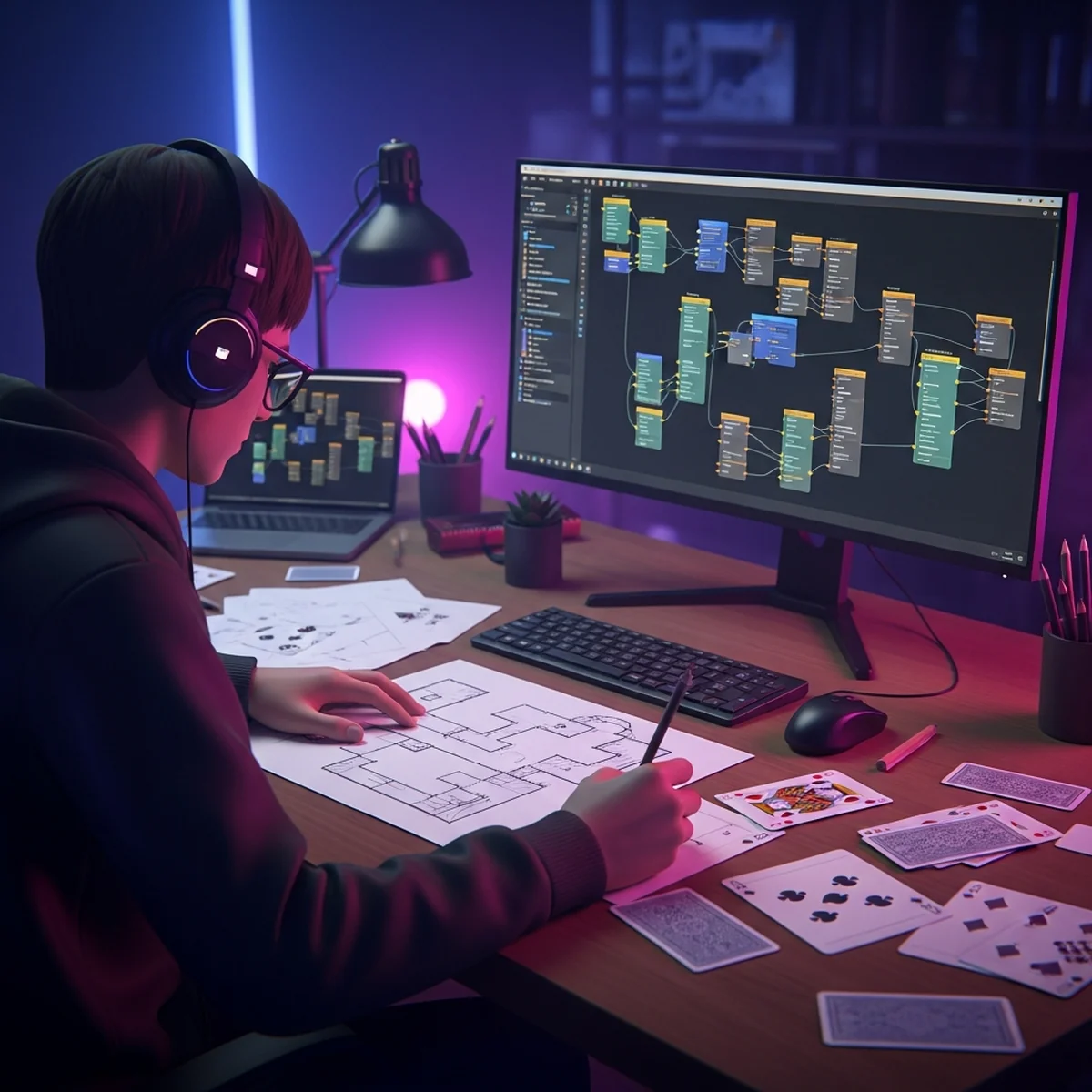Game designer em uma mesa de estúdio rascunhando fases no papel ao lado de uma tela com grafo de nós e cartas usadas como protótipo